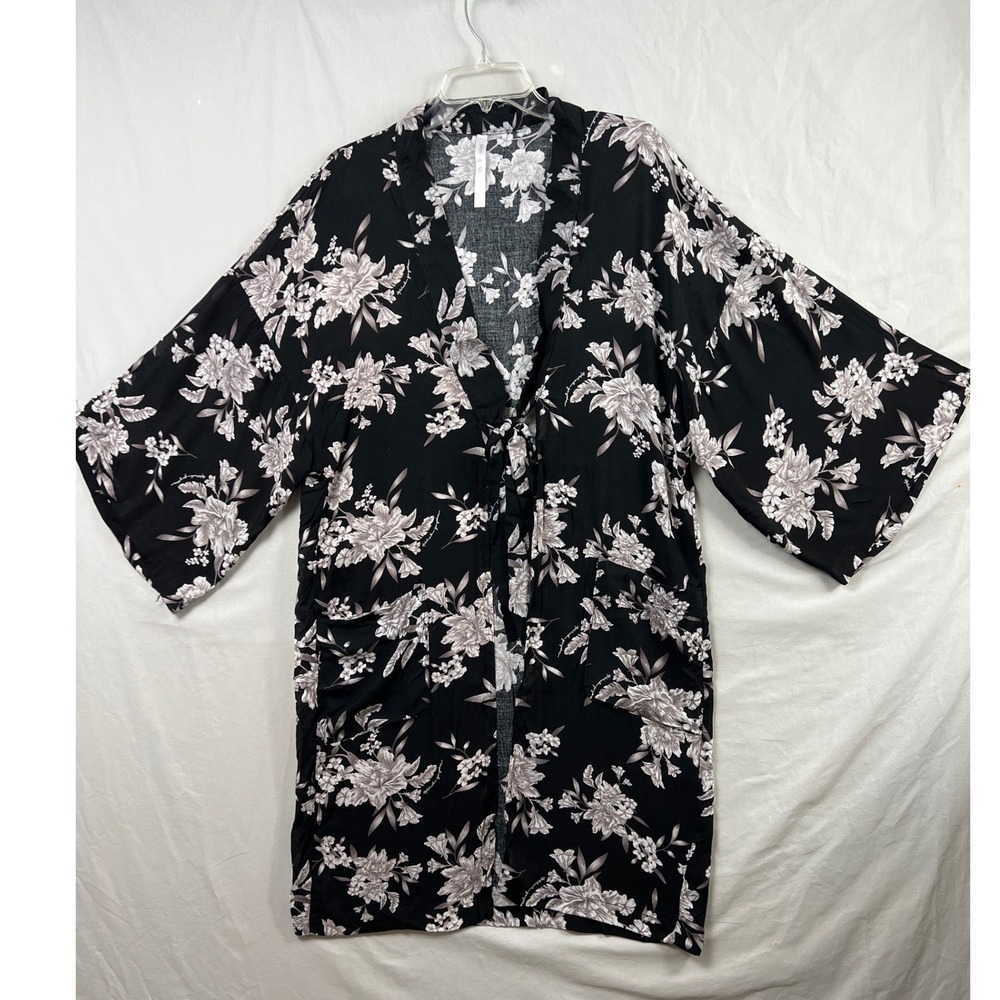 Spiritual Gangster Kimono Robe Womens OS Black Floral Rayon Tie Front Pockets